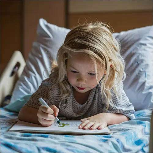Kind im Krankenbett malt im Malbuch